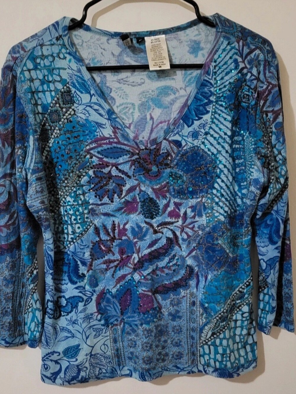 Womens Y2K Fairy Beaded Forbidden 3/4 Sleeve Blue Purple Vintage Blouse Sz M
